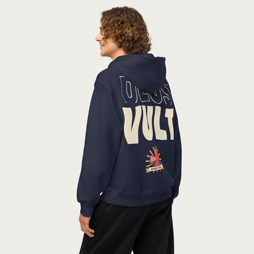ORA Sacred Flash oversized hoodie navy – DEUS VULT back print on model