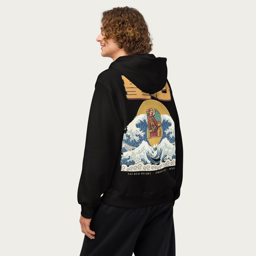 ORA Sacred Storm oversized hoodie black – sacred heart back print on model