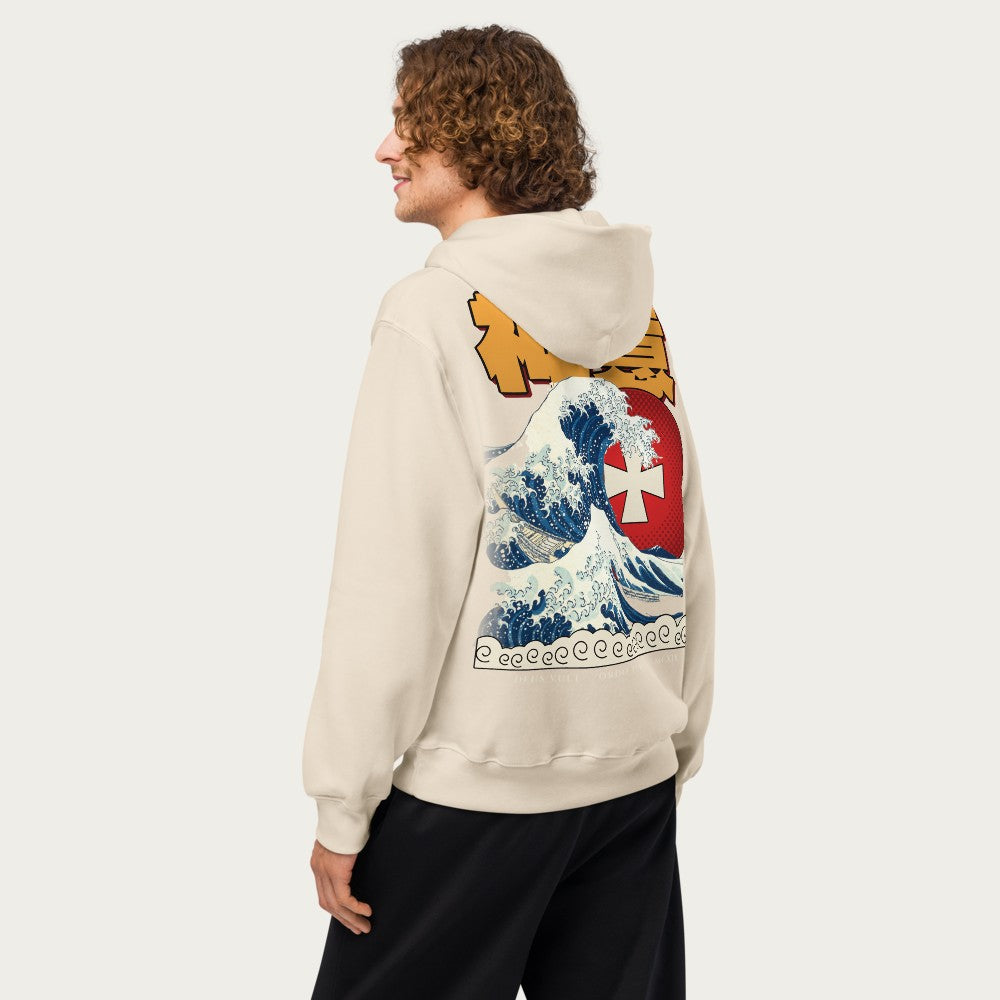 ORA Holy Wave oversized hoodie cream – great wave back print on model