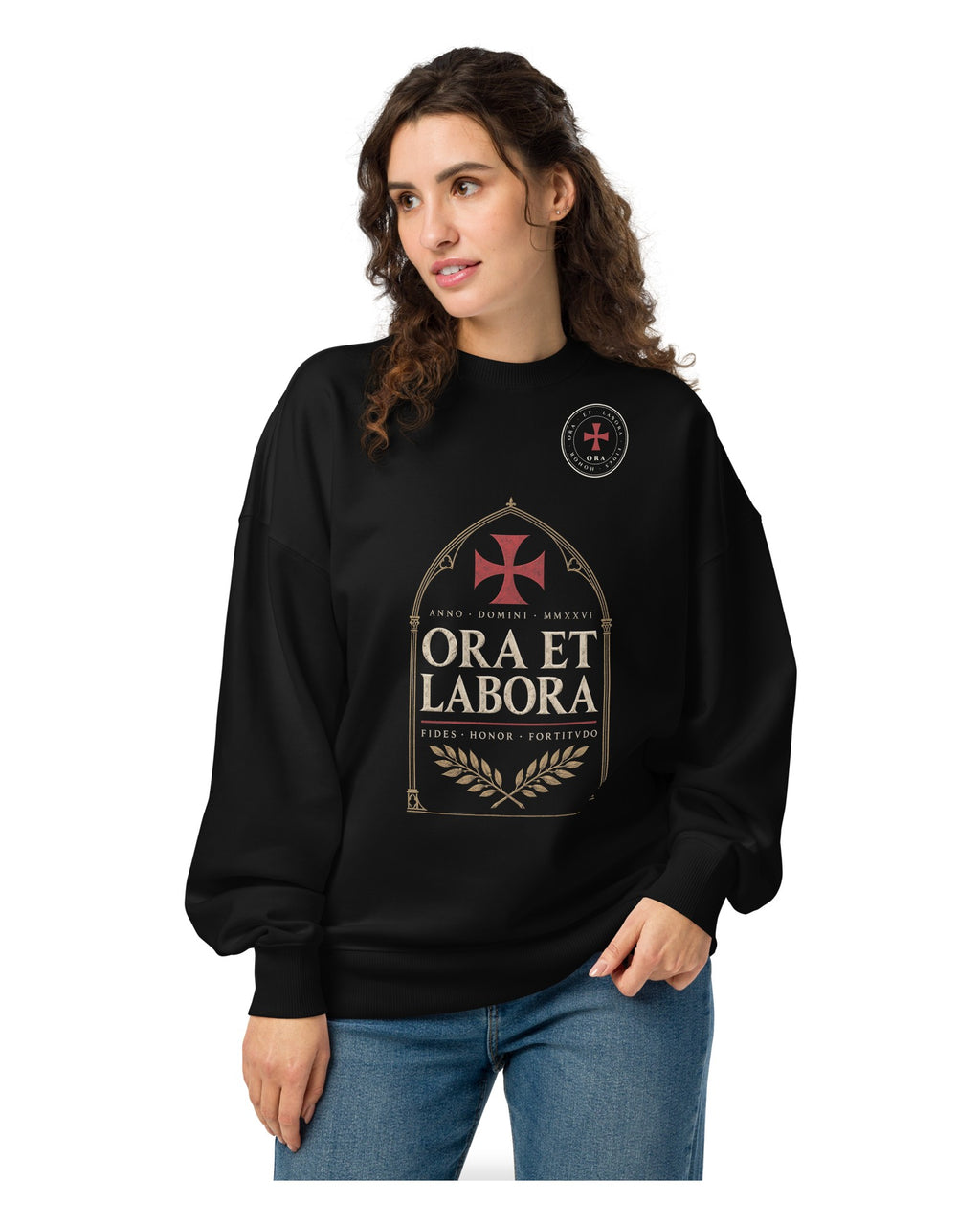 ORA Ora et Labora Sweatshirt – worn by model · Nox