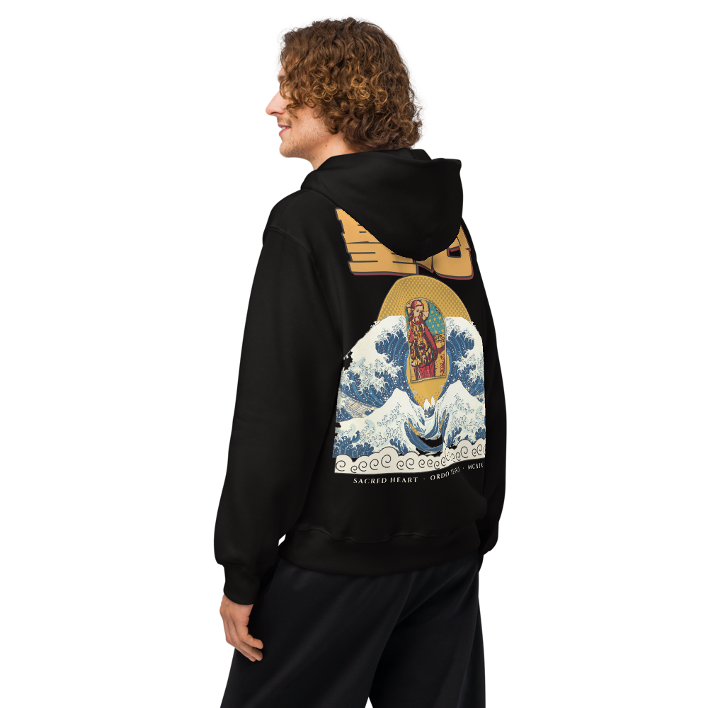 ORA Sacred Storm Oversized Hoodie Black – sacred heart back print, worn