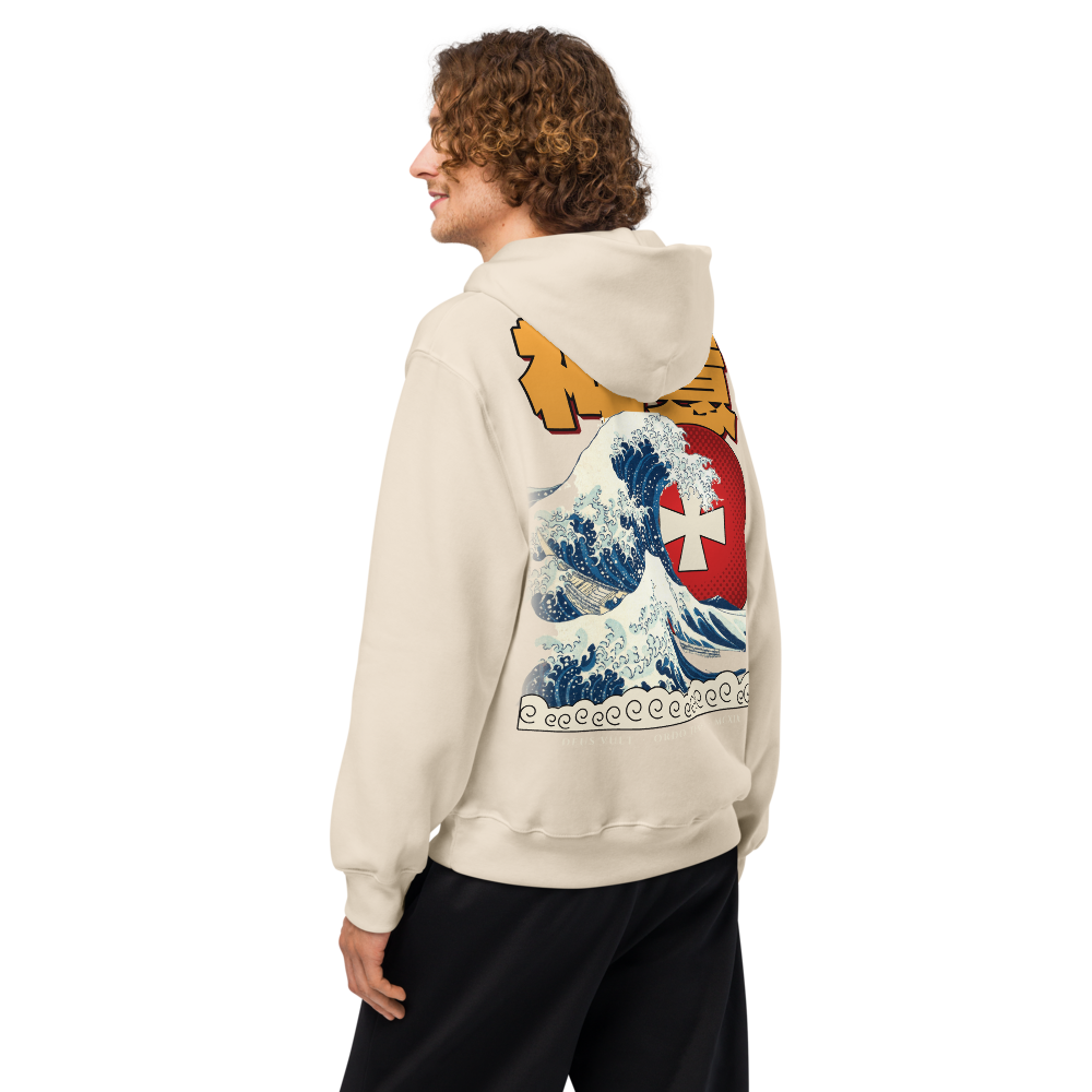 ORA Holy Wave Oversized Hoodie Cream – great wave back print, worn