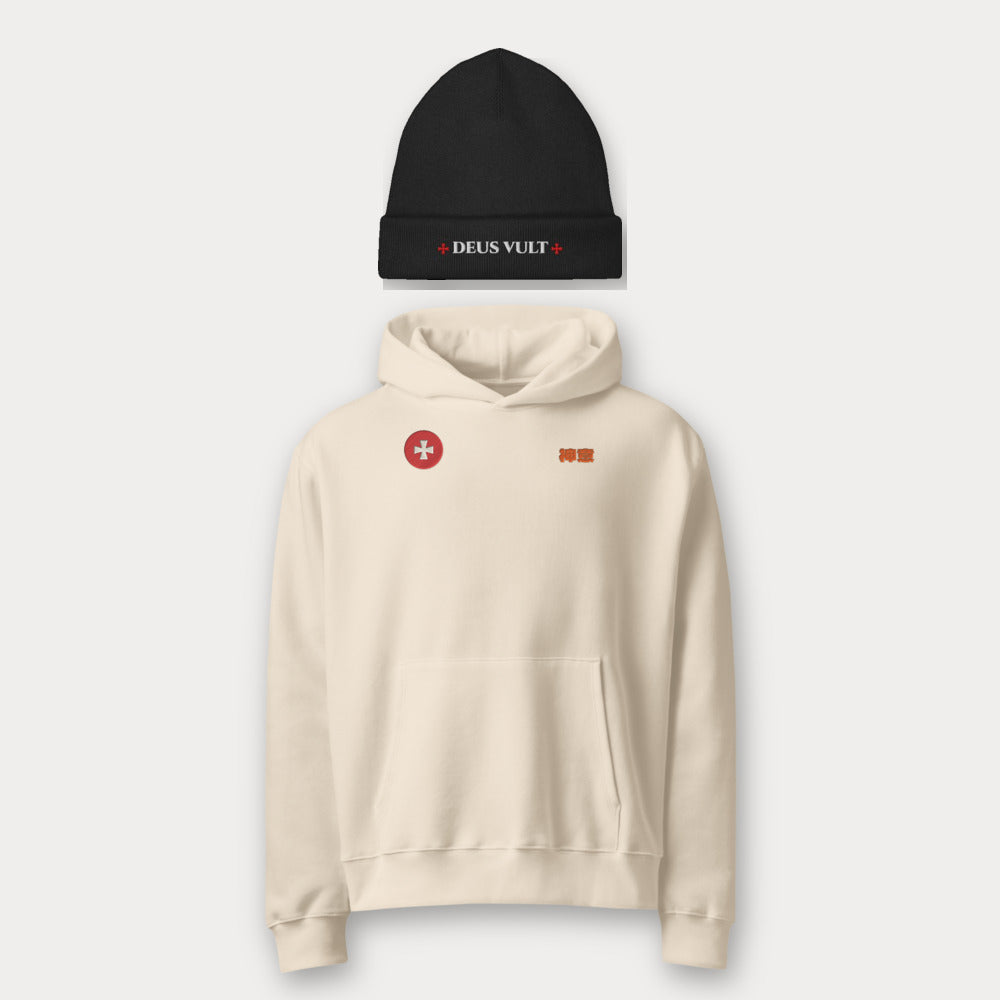 ORA Holy Wave Oversized Hoodie Cream – front, styled with ORA · Deus Vult · Beanie