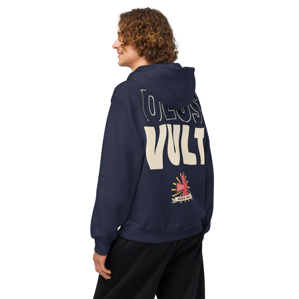 ORA Sacred Flash Oversized Hoodie Navy – Deus Vult back print, worn