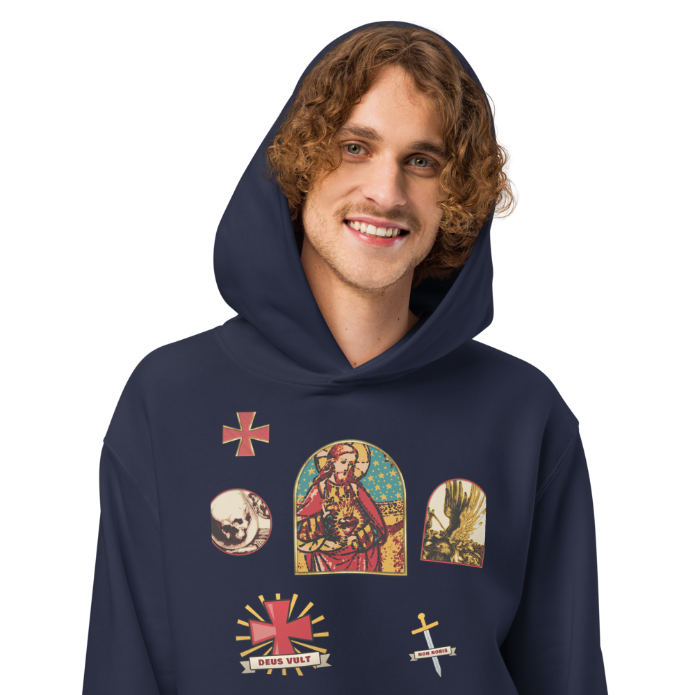 ORA Sacred Flash Oversized Hoodie Navy – front, worn