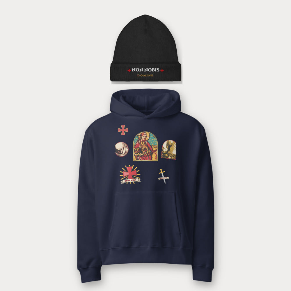 ORA Sacred Flash Oversized Hoodie Navy – front, styled with ORA · Non Nobis · Beanie